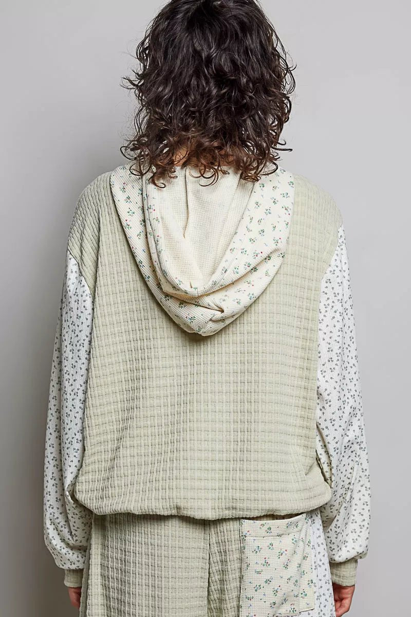 POL Mixed Knit Contrast Print Sleeve Hoodie with Kangaroo Pocket - Bitsy Gypsy Boutique