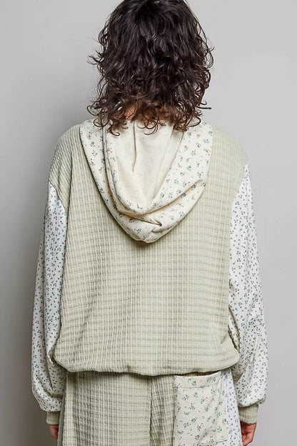 POL Mixed Knit Contrast Print Sleeve Hoodie with Kangaroo Pocket - Bitsy Gypsy Boutique