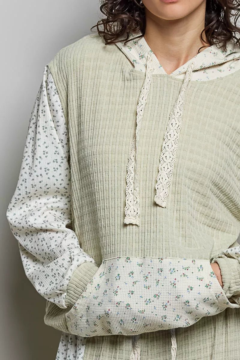 POL Mixed Knit Contrast Print Sleeve Hoodie with Kangaroo Pocket - Bitsy Gypsy Boutique