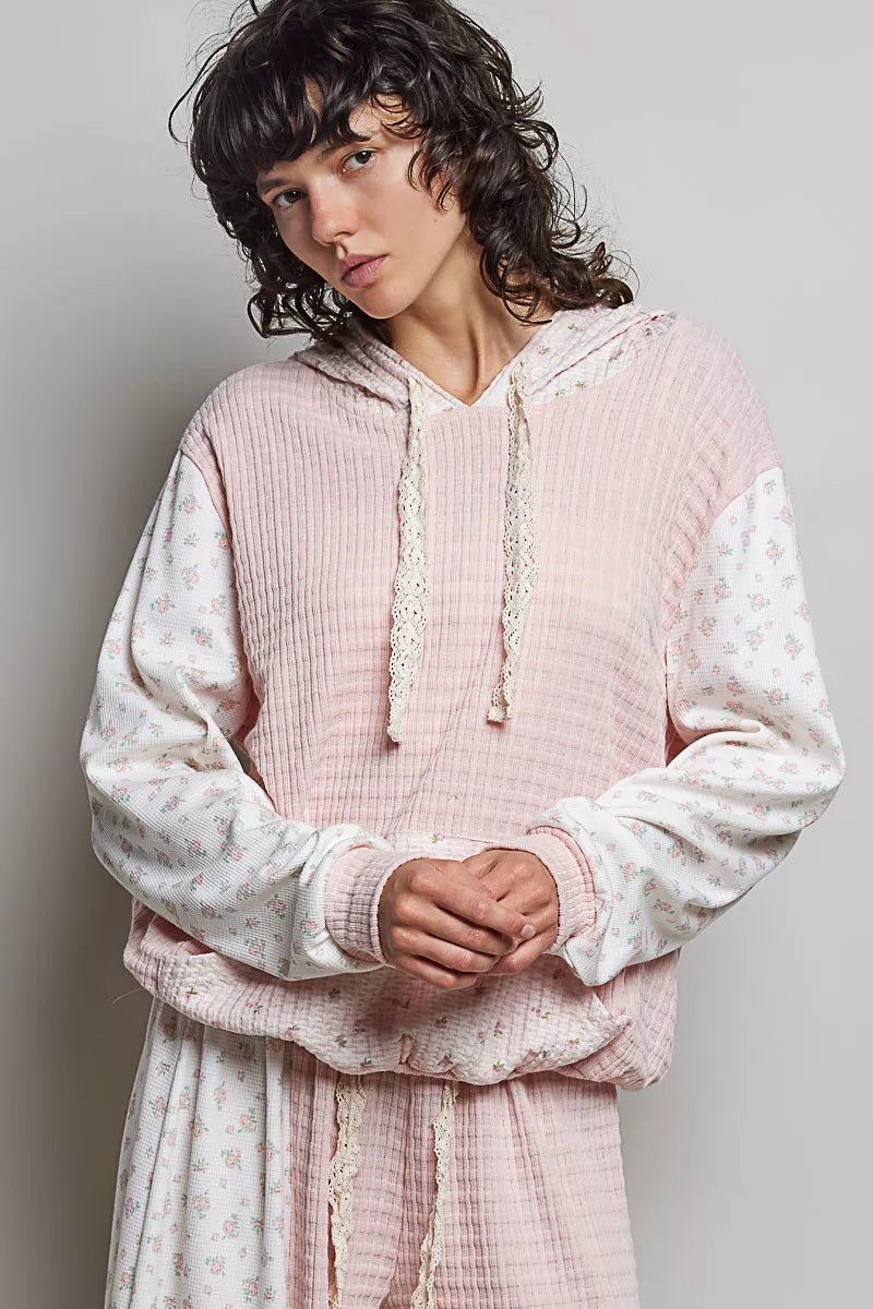 POL Mixed Knit Contrast Print Sleeve Hoodie with Kangaroo Pocket - Bitsy Gypsy Boutique