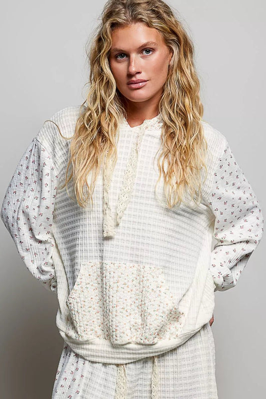 POL Mixed Knit Contrast Print Sleeve Hoodie with Kangaroo Pocket - Bitsy Gypsy Boutique