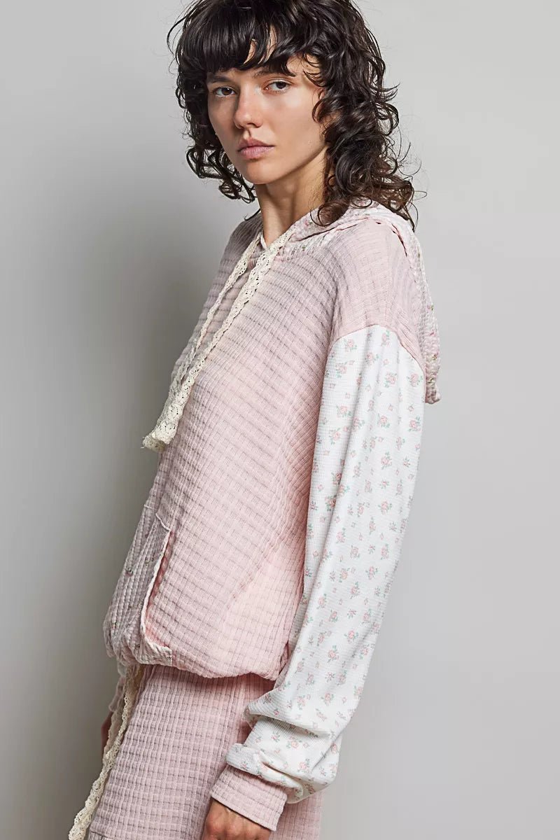 POL Mixed Knit Contrast Print Sleeve Hoodie with Kangaroo Pocket - Bitsy Gypsy Boutique