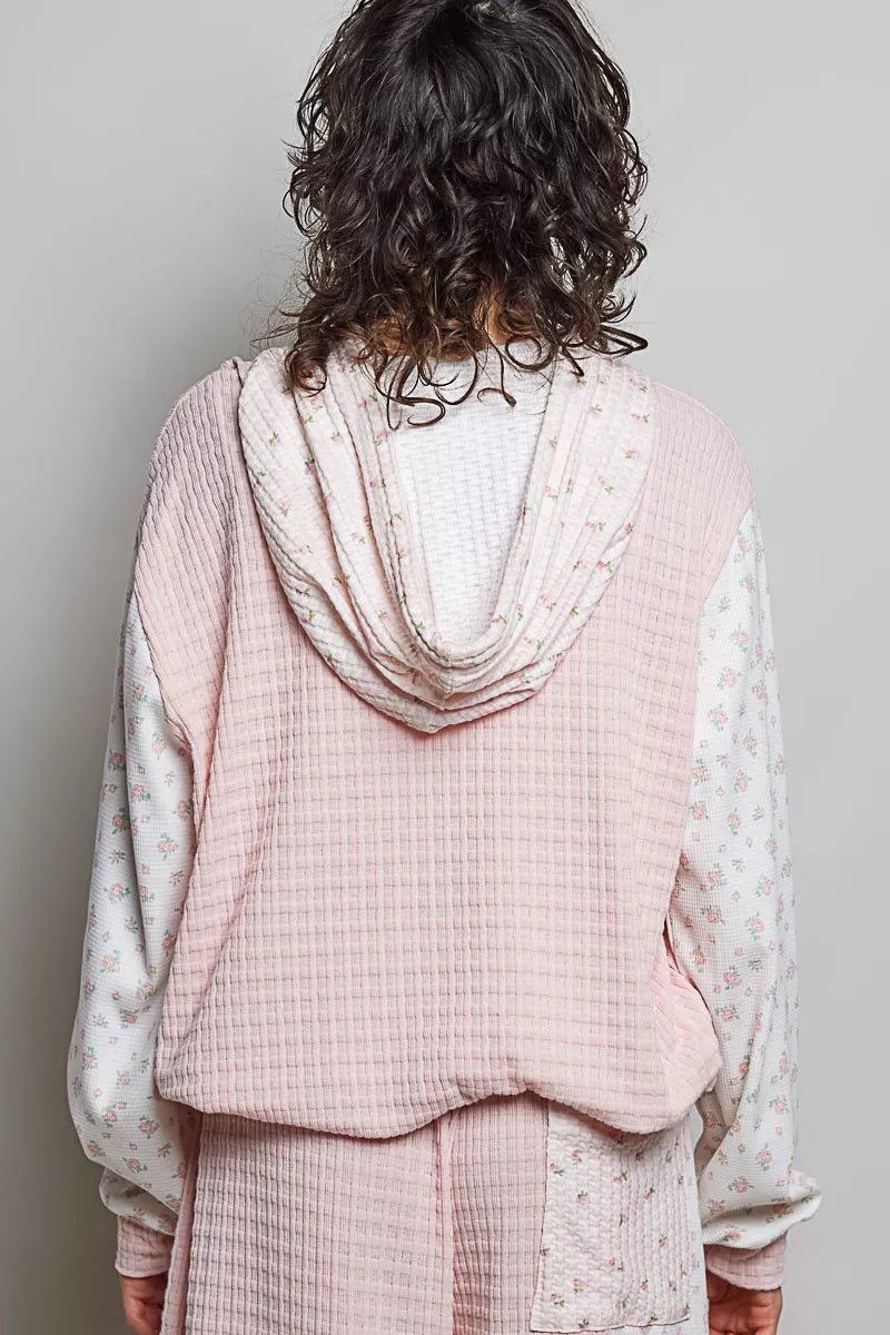 POL Mixed Knit Contrast Print Sleeve Hoodie with Kangaroo Pocket - Bitsy Gypsy Boutique