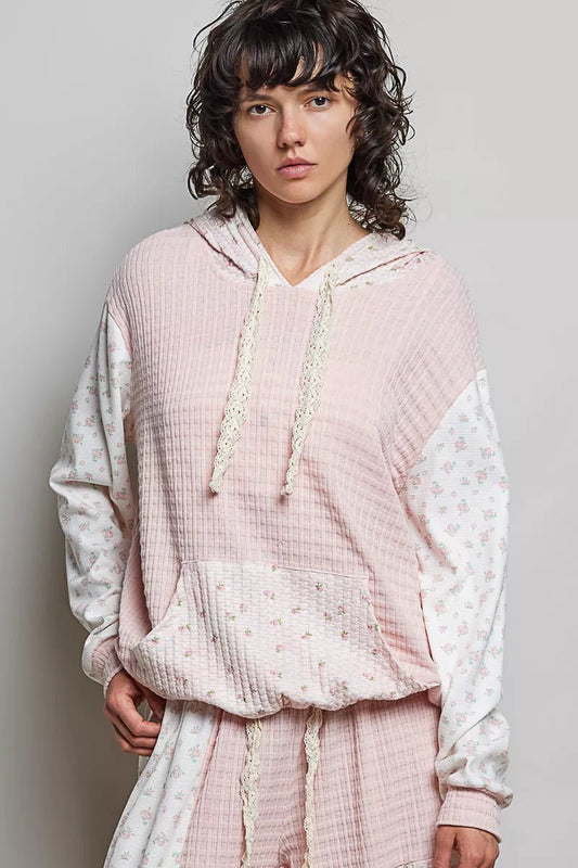 POL Mixed Knit Contrast Print Sleeve Hoodie with Kangaroo Pocket - Bitsy Gypsy Boutique