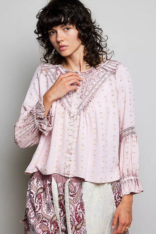POL Mixed-Pattern Lace Detail Blouse - Bitsy Gypsy Boutique