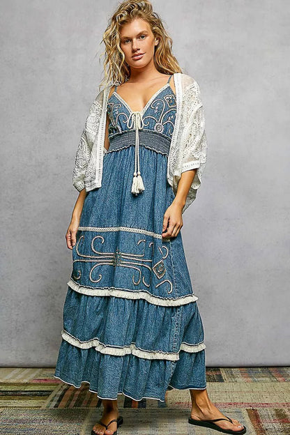 POL Open Front Crochet Cardigan with Floral Embroidery - Bitsy Gypsy Boutique