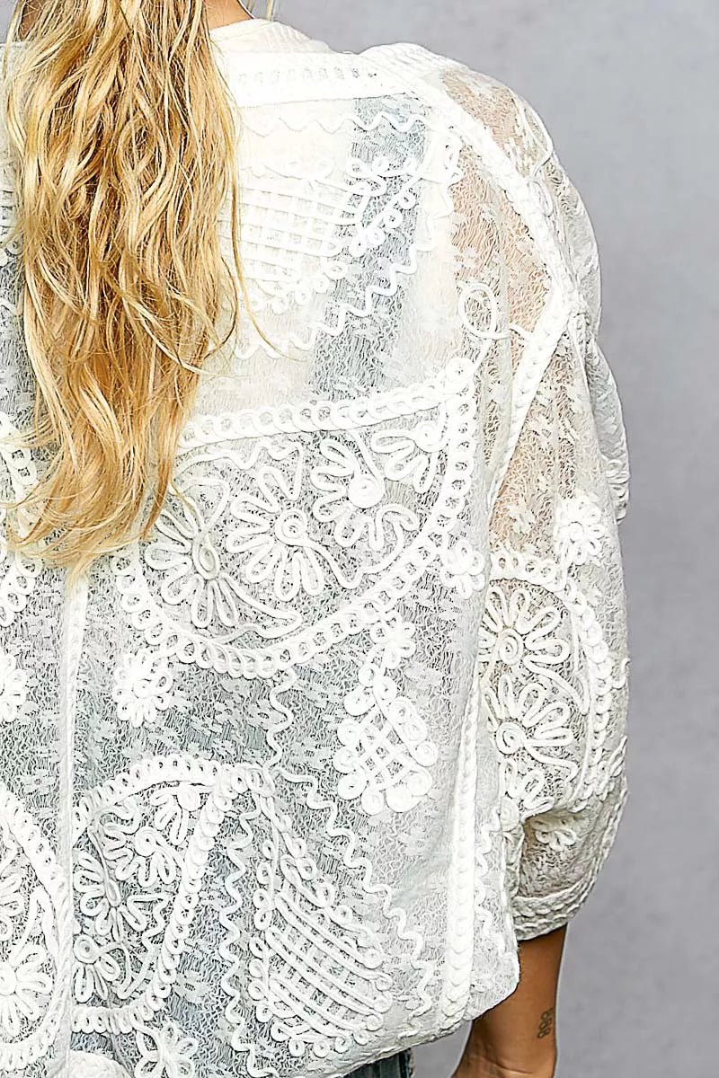 POL Open Front Crochet Cardigan with Floral Embroidery - Bitsy Gypsy Boutique