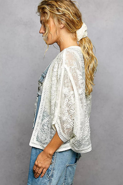 POL Open Front Crochet Cardigan with Floral Embroidery - Bitsy Gypsy Boutique