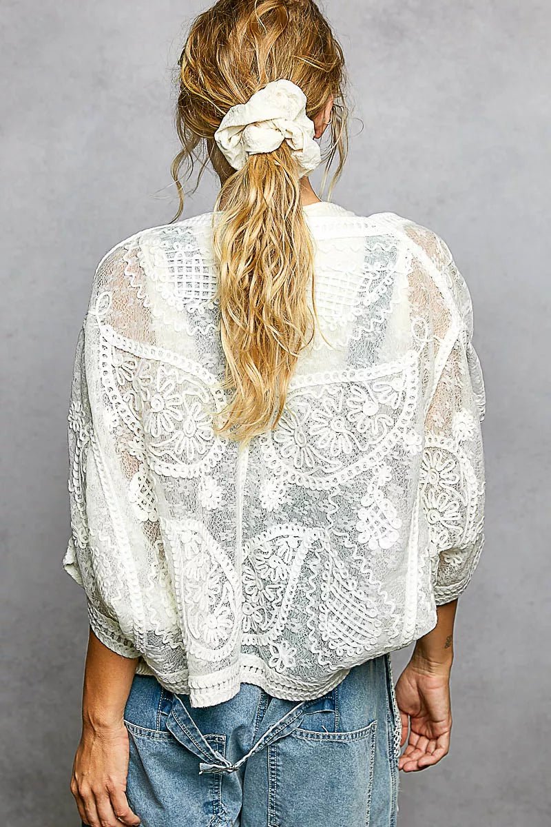 POL Open Front Crochet Cardigan with Floral Embroidery - Bitsy Gypsy Boutique