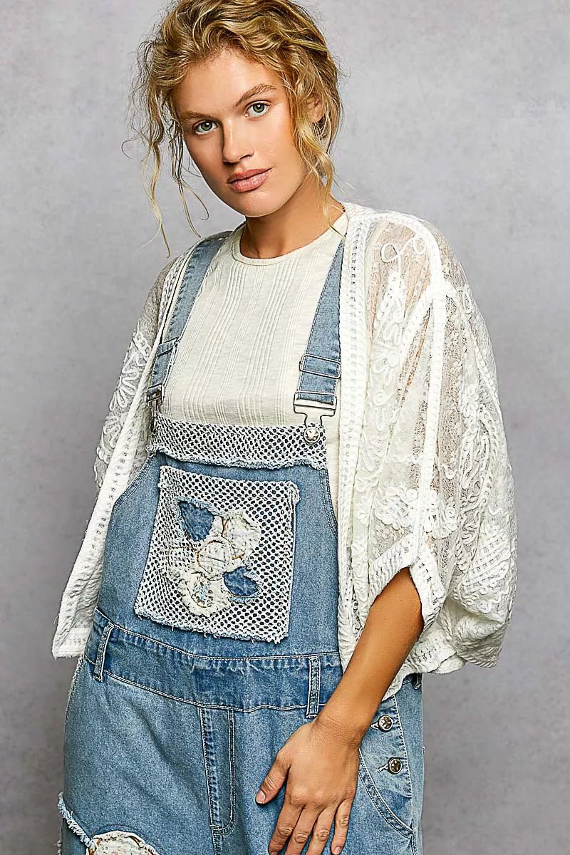 POL Open Front Crochet Cardigan with Floral Embroidery - Bitsy Gypsy Boutique