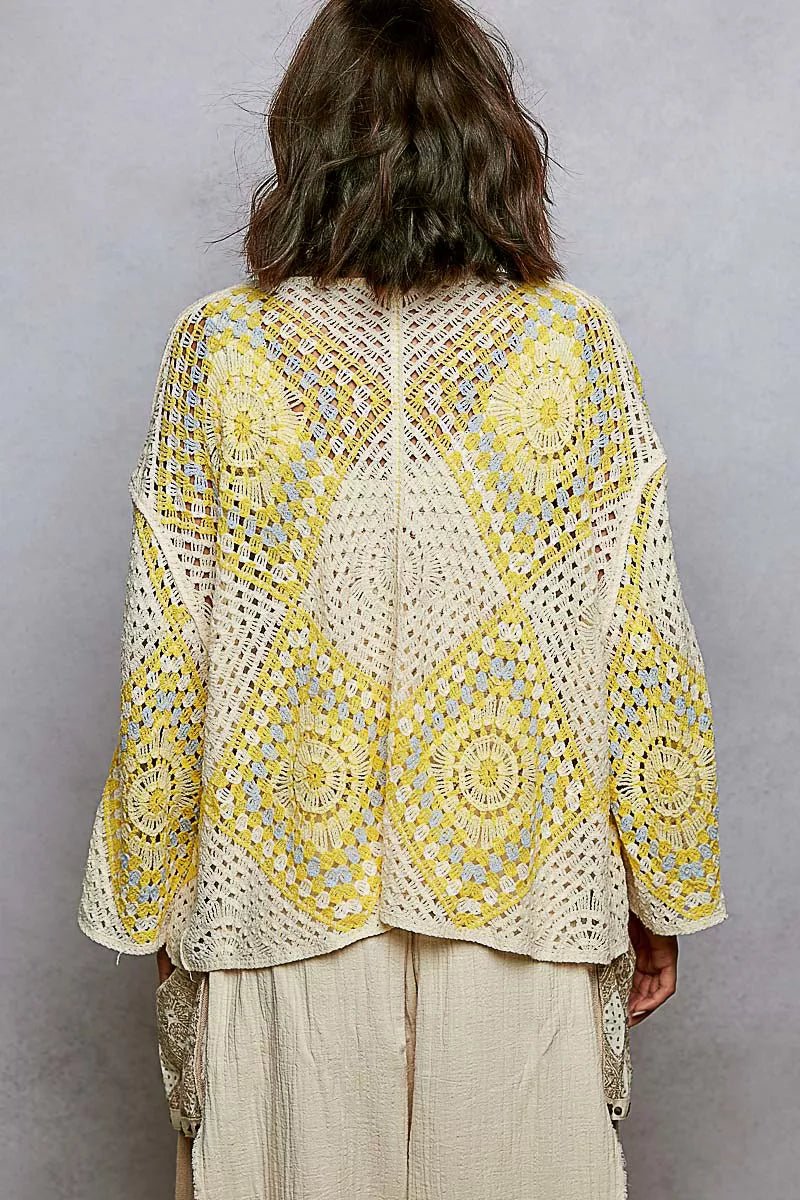 POL Open Front Crochet Cardigan with Granny Square Pattern - Bitsy Gypsy Boutique