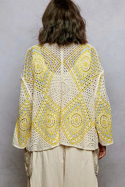 POL Open Front Crochet Cardigan with Granny Square Pattern - Bitsy Gypsy Boutique