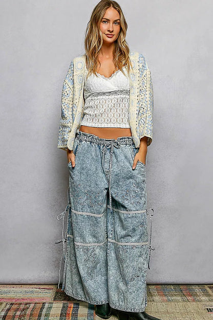 POL Open Front Crochet Cardigan with Granny Square Pattern - Bitsy Gypsy Boutique