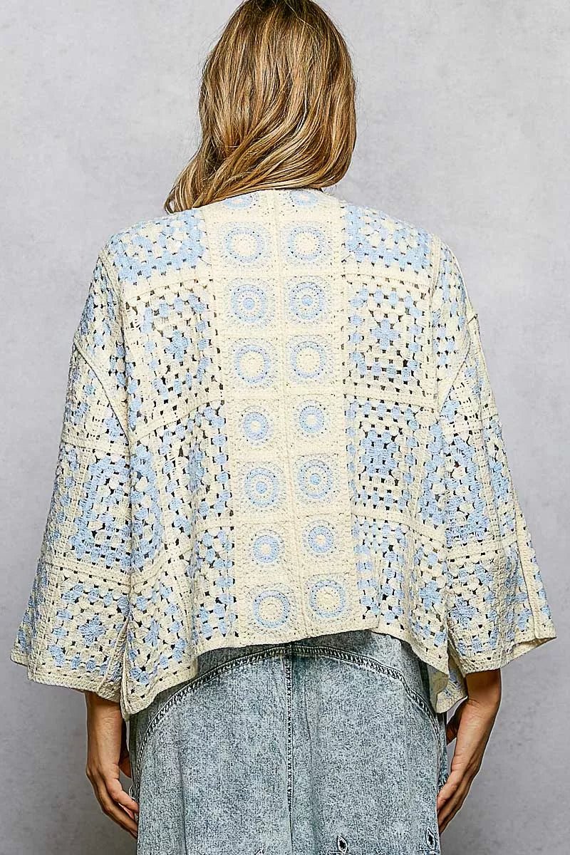 POL Open Front Crochet Cardigan with Granny Square Pattern - Bitsy Gypsy Boutique