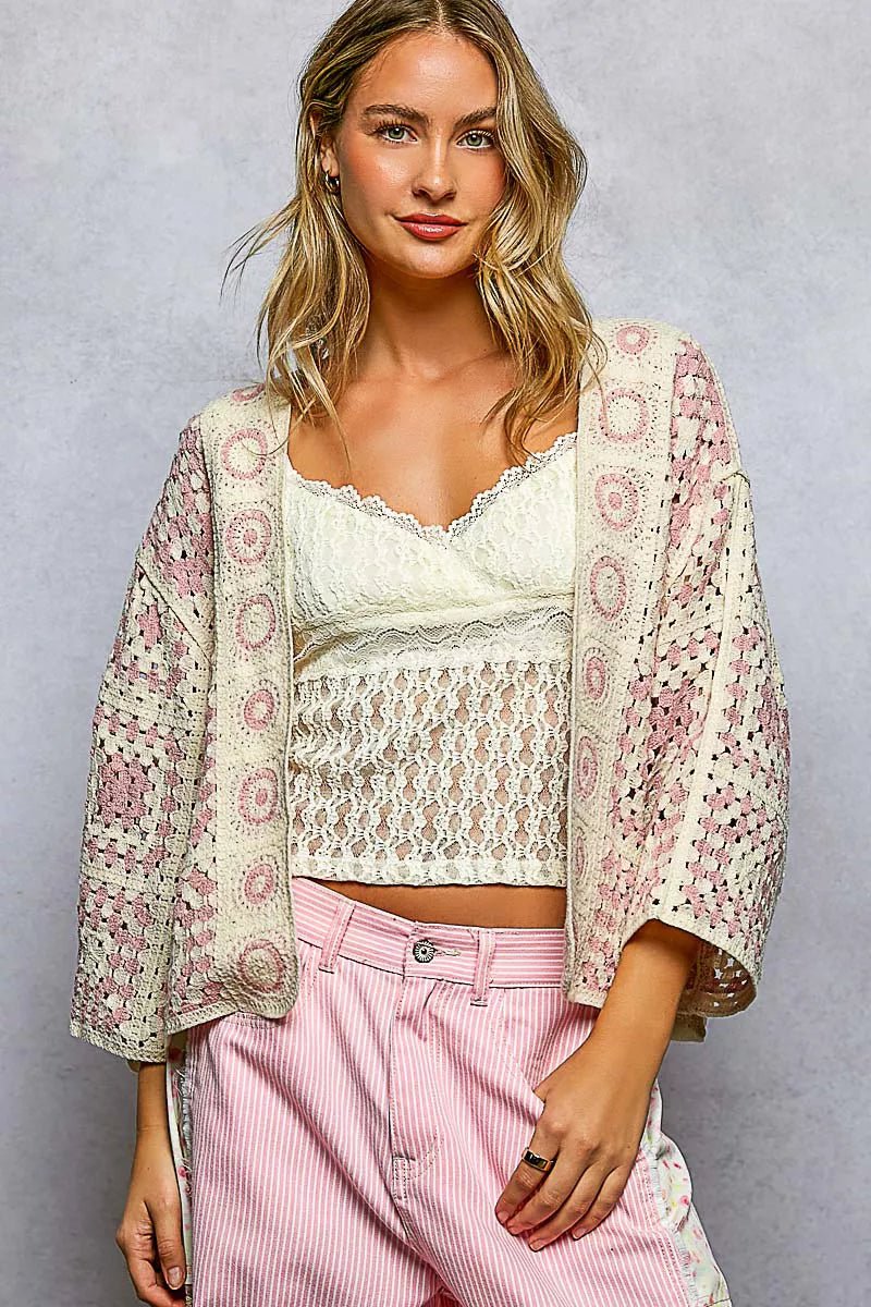 POL Open Front Crochet Cardigan with Granny Square Pattern - Bitsy Gypsy Boutique