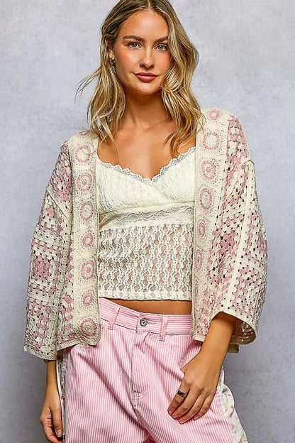 POL Open Front Crochet Cardigan with Granny Square Pattern - Bitsy Gypsy Boutique