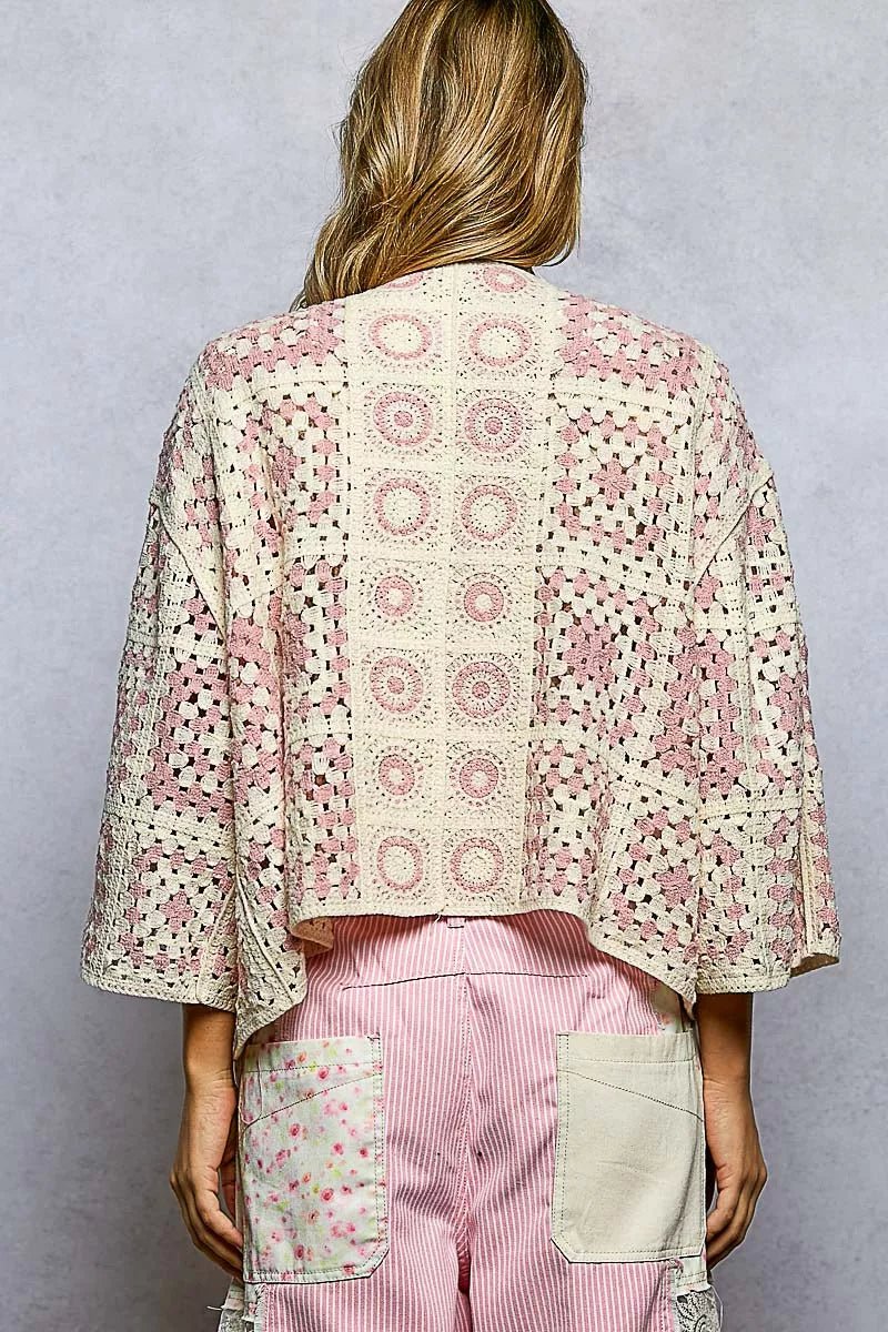 POL Open Front Crochet Cardigan with Granny Square Pattern - Bitsy Gypsy Boutique
