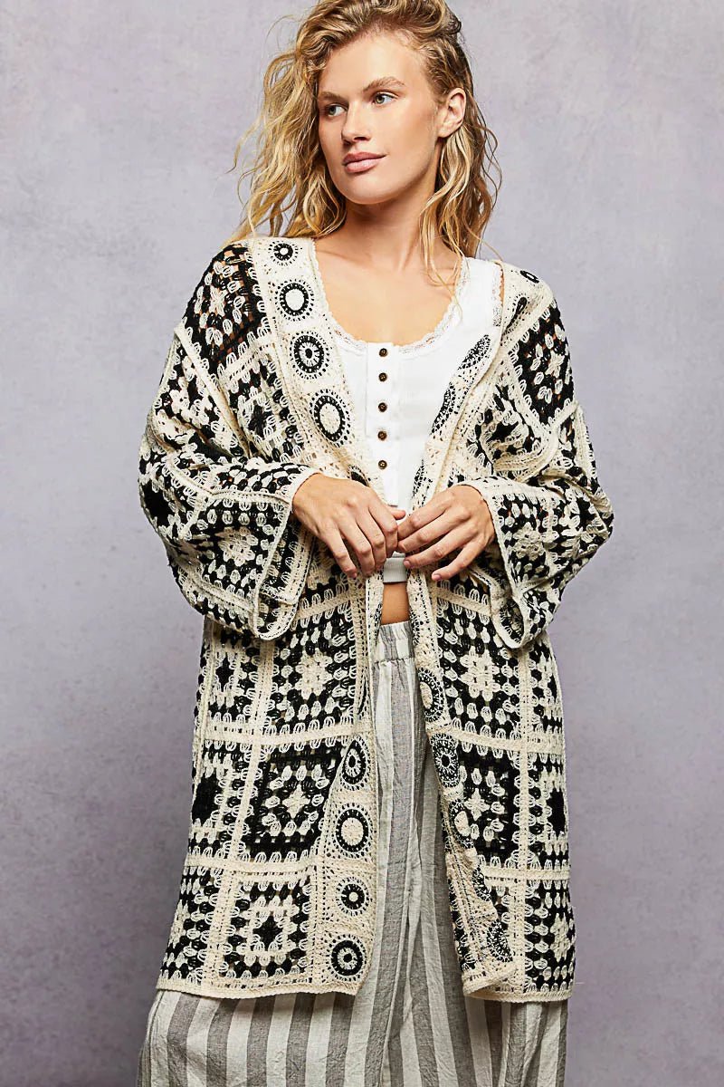POL Open Front Crochet Cardigan with Granny Square Pattern - Bitsy Gypsy Boutique