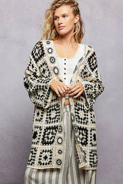 POL Open Front Crochet Cardigan with Granny Square Pattern - Bitsy Gypsy Boutique