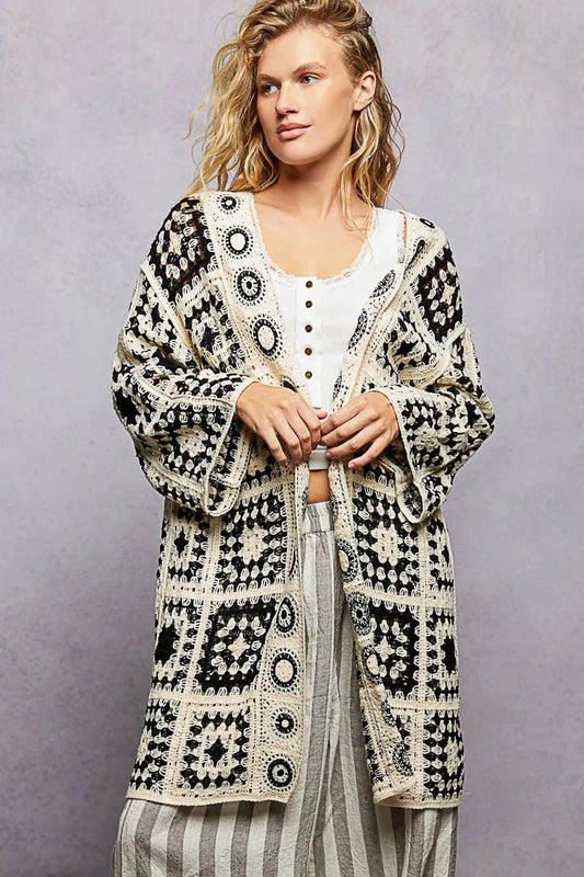 POL Open Front Crochet Cardigan with Granny Square Pattern - Bitsy Gypsy Boutique
