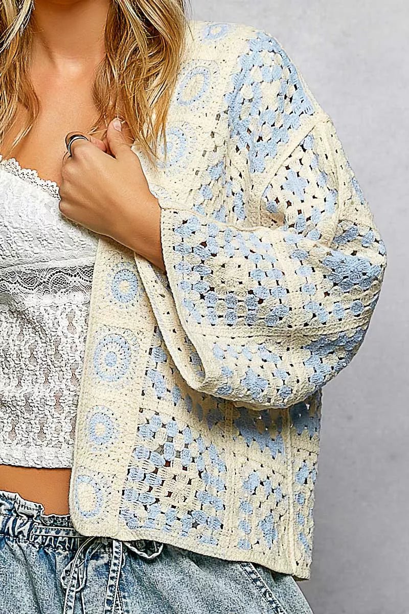 POL Open Front Crochet Cardigan with Granny Square Pattern - Bitsy Gypsy Boutique