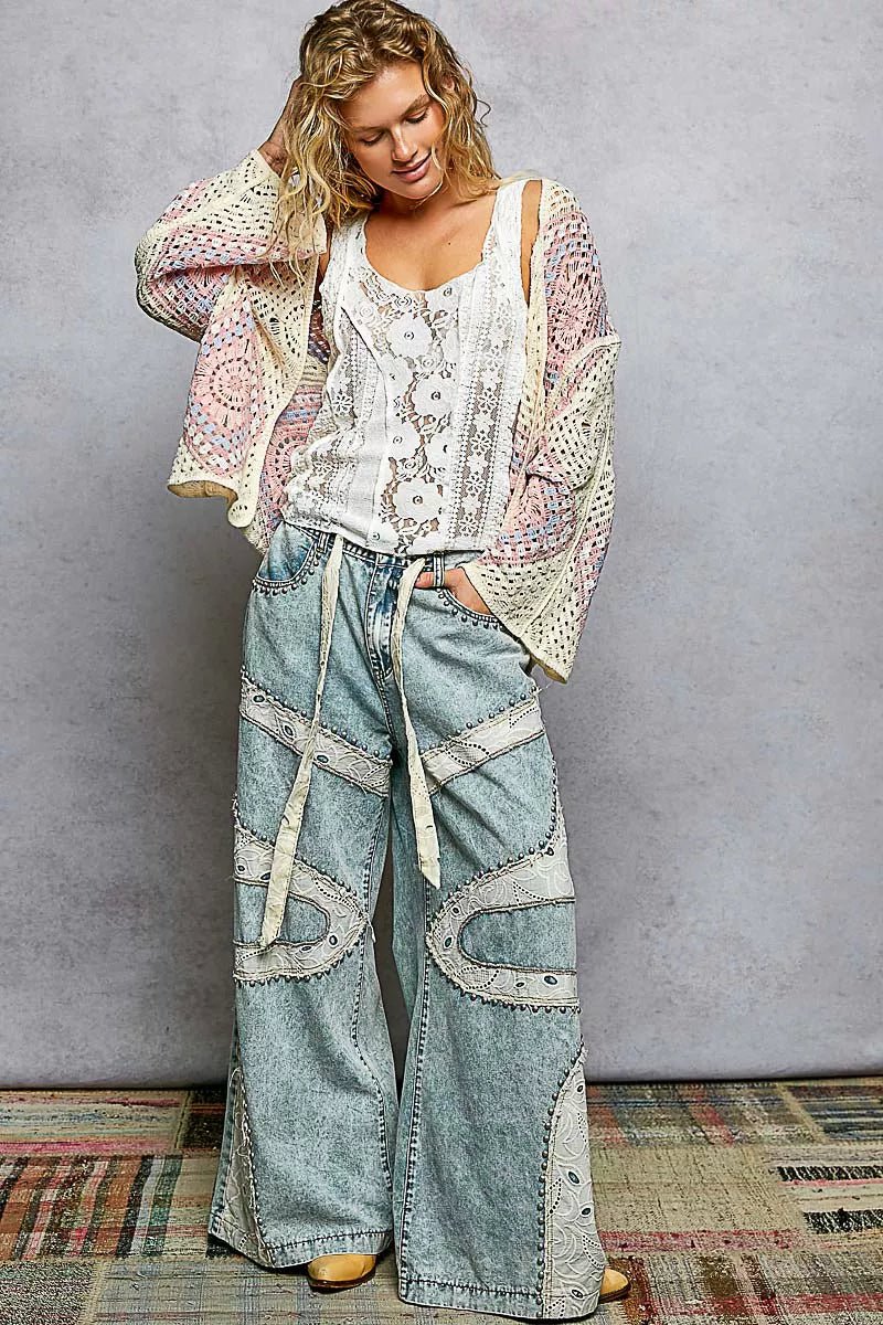 POL Open Front Crochet Cardigan with Granny Square Pattern - Bitsy Gypsy Boutique