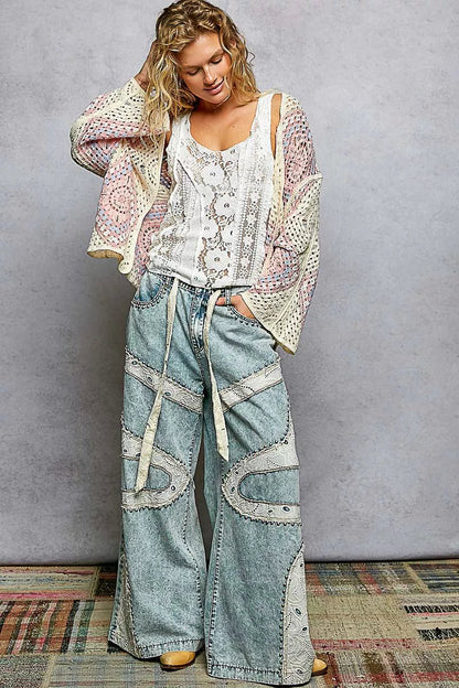 POL Open Front Crochet Cardigan with Granny Square Pattern - Bitsy Gypsy Boutique