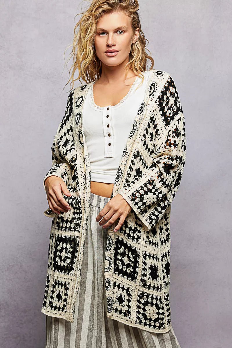 POL Open Front Crochet Cardigan with Granny Square Pattern - Bitsy Gypsy Boutique