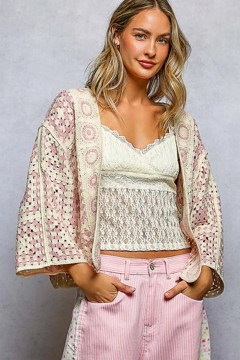 POL Open Front Crochet Cardigan with Granny Square Pattern - Bitsy Gypsy Boutique