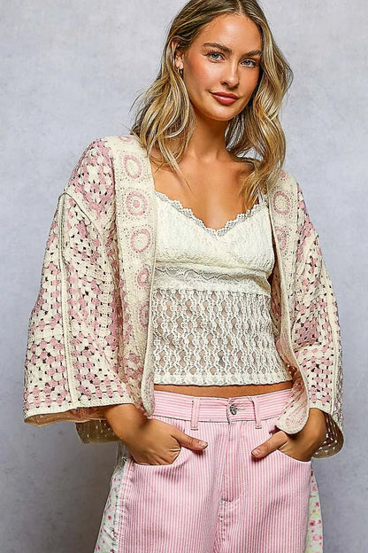 POL Open Front Crochet Cardigan with Granny Square Pattern - Bitsy Gypsy Boutique
