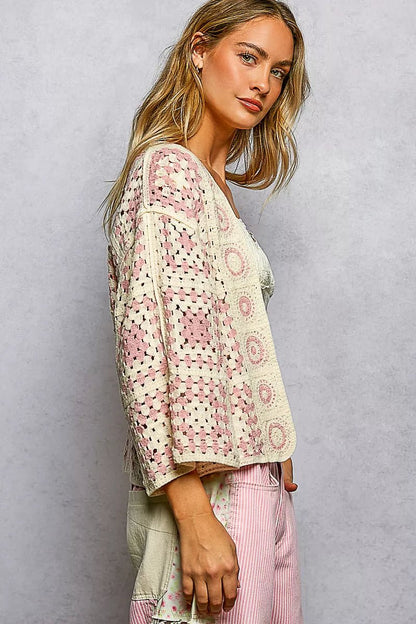 POL Open Front Crochet Cardigan with Granny Square Pattern - Bitsy Gypsy Boutique