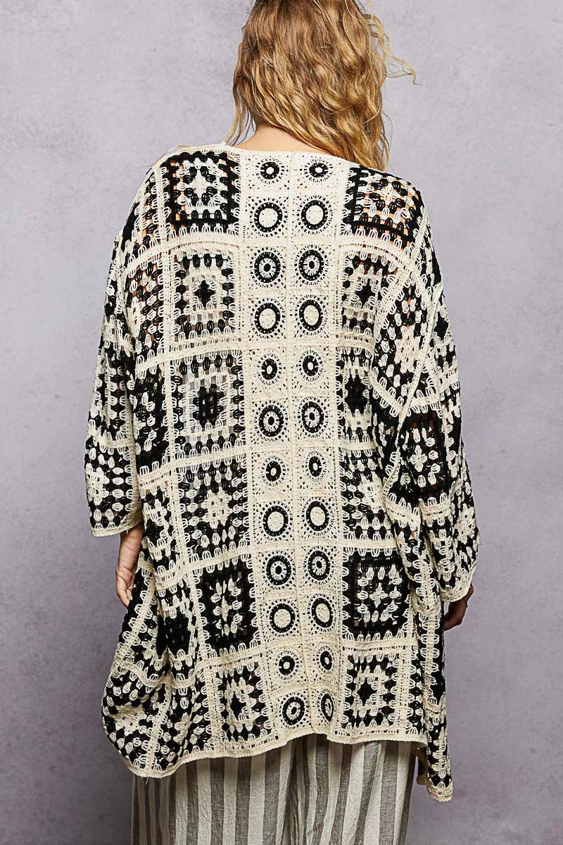 POL Open Front Crochet Cardigan with Granny Square Pattern - Bitsy Gypsy Boutique