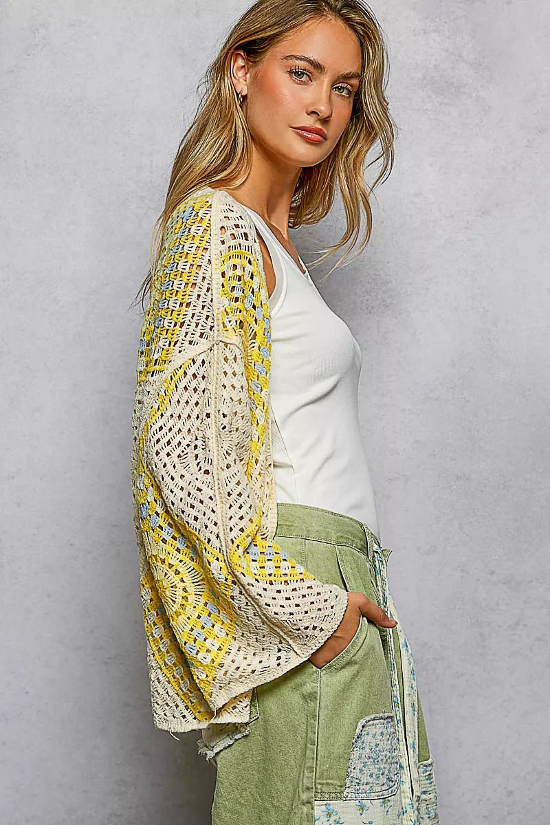 POL Open Front Crochet Cardigan with Granny Square Pattern - Bitsy Gypsy Boutique