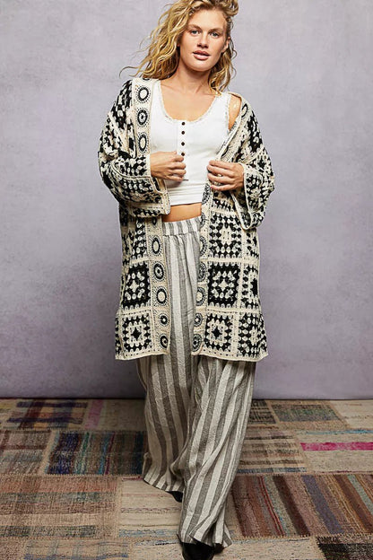 POL Open Front Crochet Cardigan with Granny Square Pattern - Bitsy Gypsy Boutique