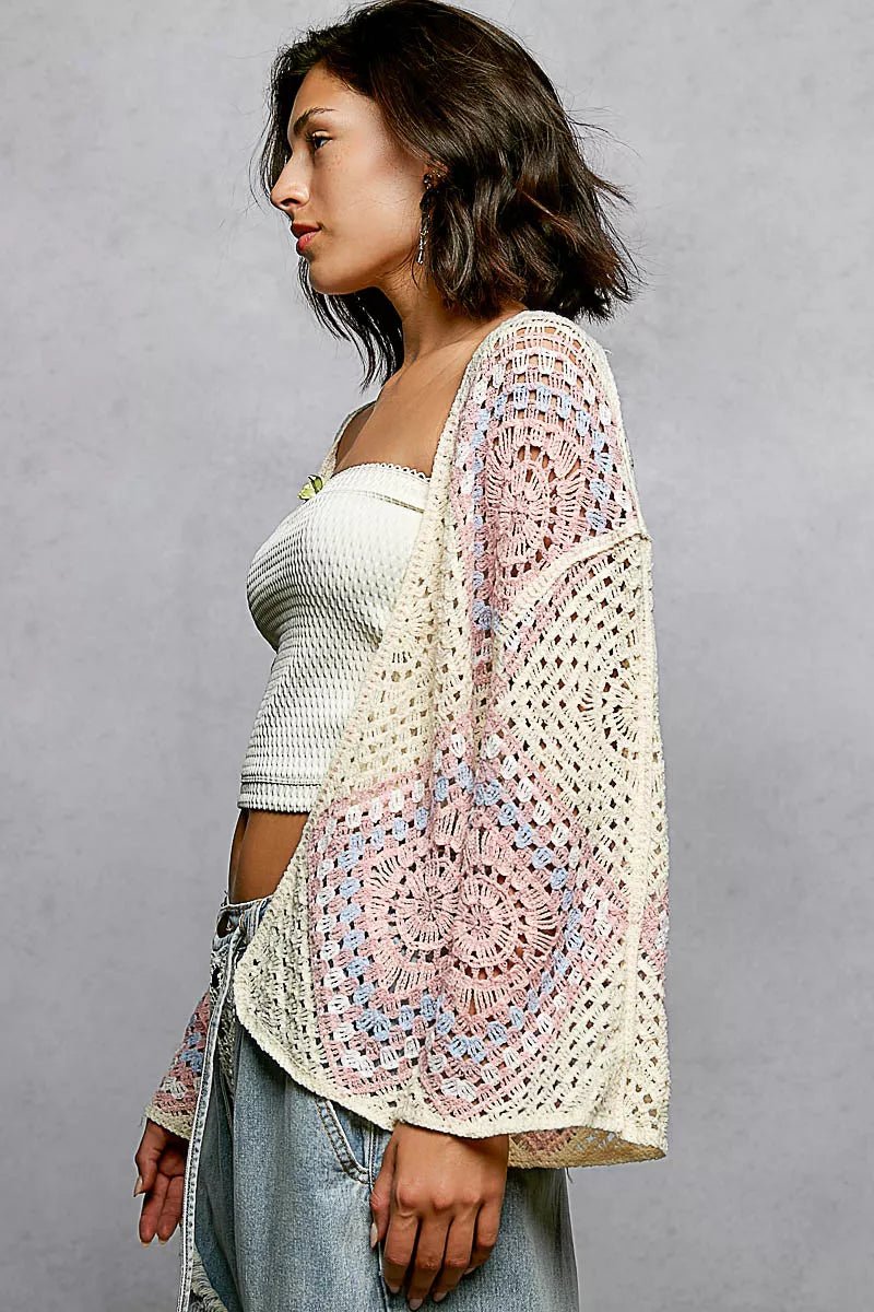 POL Open Front Crochet Cardigan with Granny Square Pattern - Bitsy Gypsy Boutique