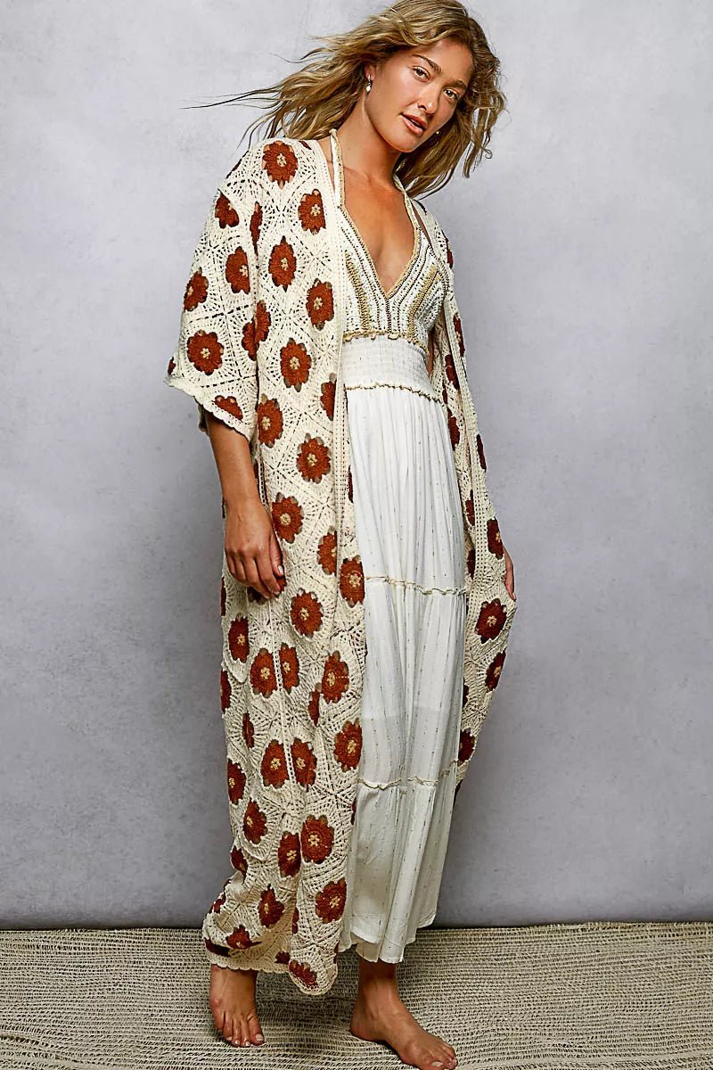 POL Open Front Floral Crochet Longline Cardigan - Bitsy Gypsy Boutique