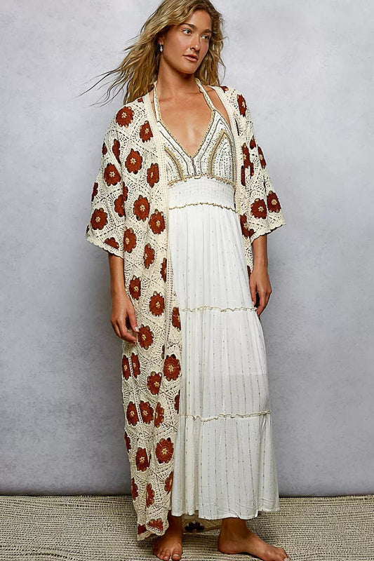 POL Open Front Floral Crochet Longline Cardigan - Bitsy Gypsy Boutique