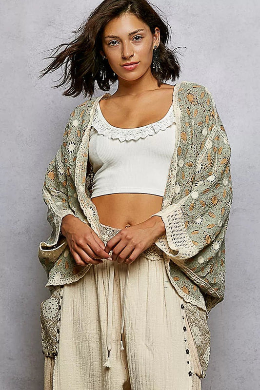 POL Open Front Floral Pattern Crochet Cardigan - Bitsy Gypsy Boutique