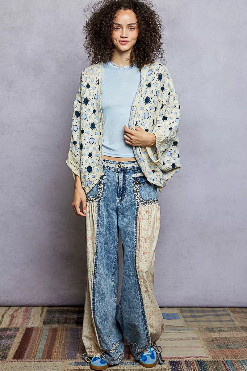 POL Open Front Floral Pattern Crochet Cardigan - Bitsy Gypsy Boutique