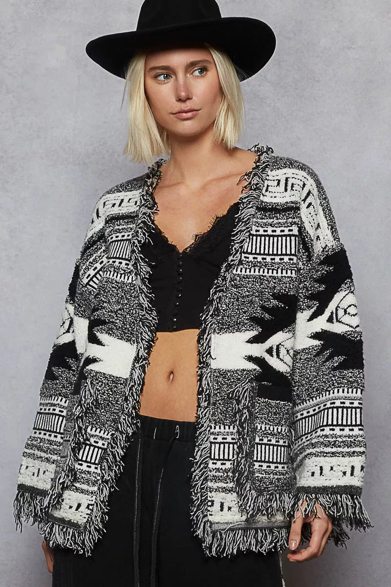 POL Open Front Geometric Print Cardigan with Fringe Detail - Bitsy Gypsy Boutique