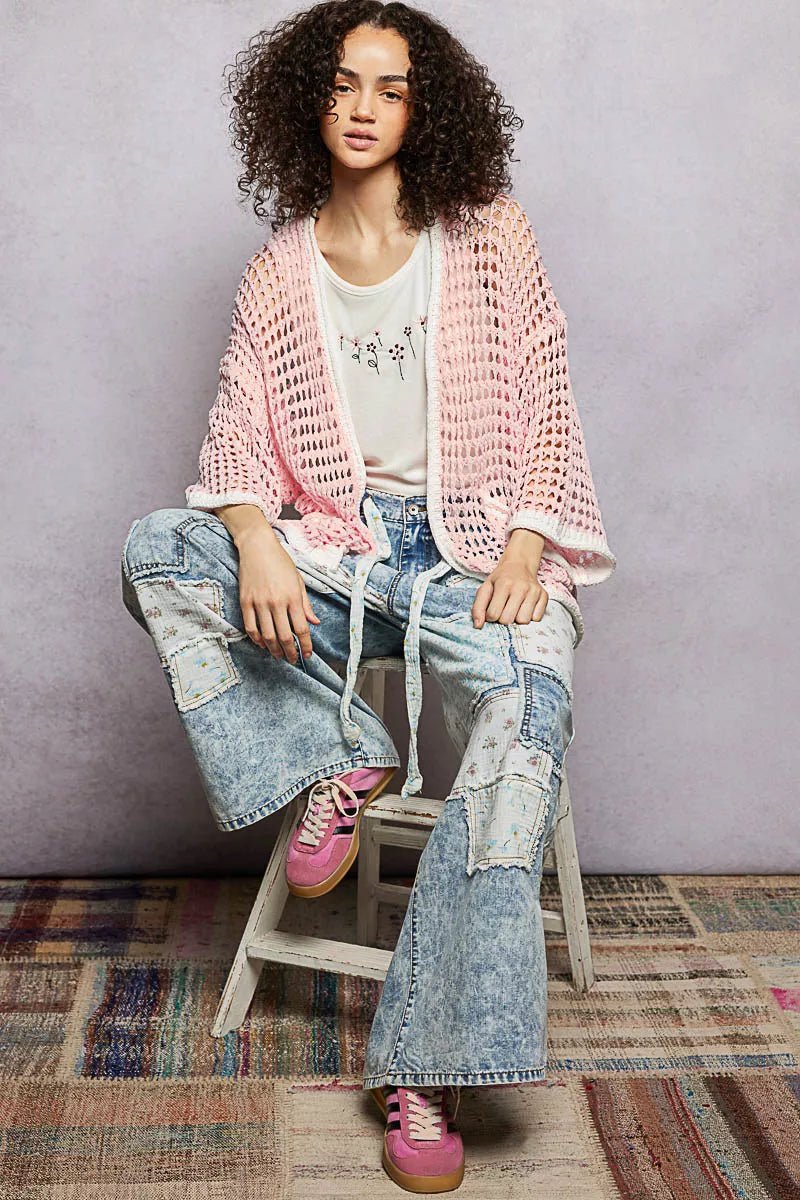 POL Open Front Openwork Cardigan with Contrast Trim - Bitsy Gypsy Boutique