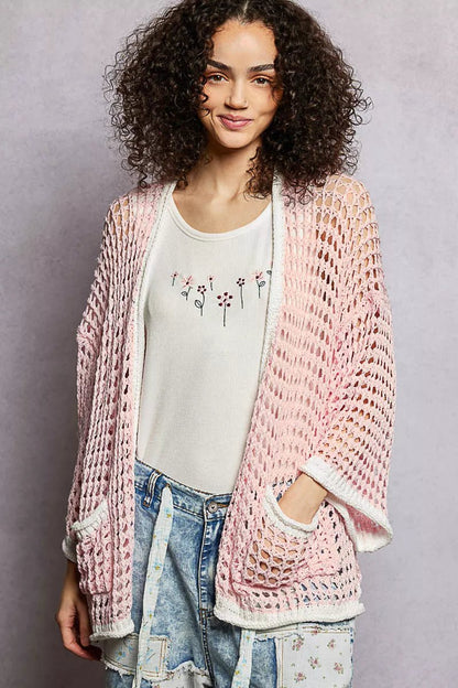 POL Open Front Openwork Cardigan with Contrast Trim - Bitsy Gypsy Boutique