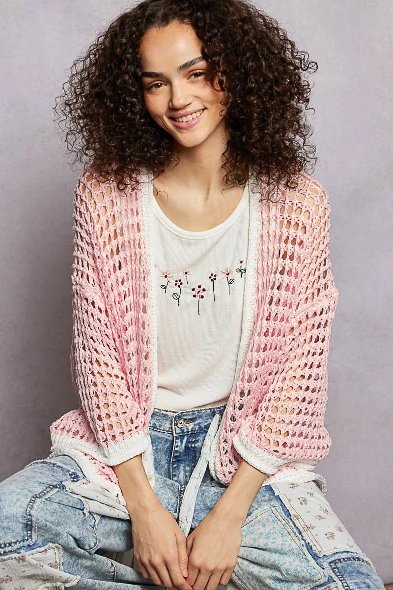 POL Open Front Openwork Cardigan with Contrast Trim - Bitsy Gypsy Boutique