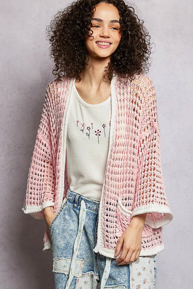 POL Open Front Openwork Cardigan with Contrast Trim - Bitsy Gypsy Boutique