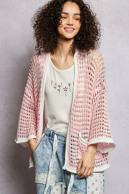 POL Open Front Openwork Cardigan with Contrast Trim - Bitsy Gypsy Boutique