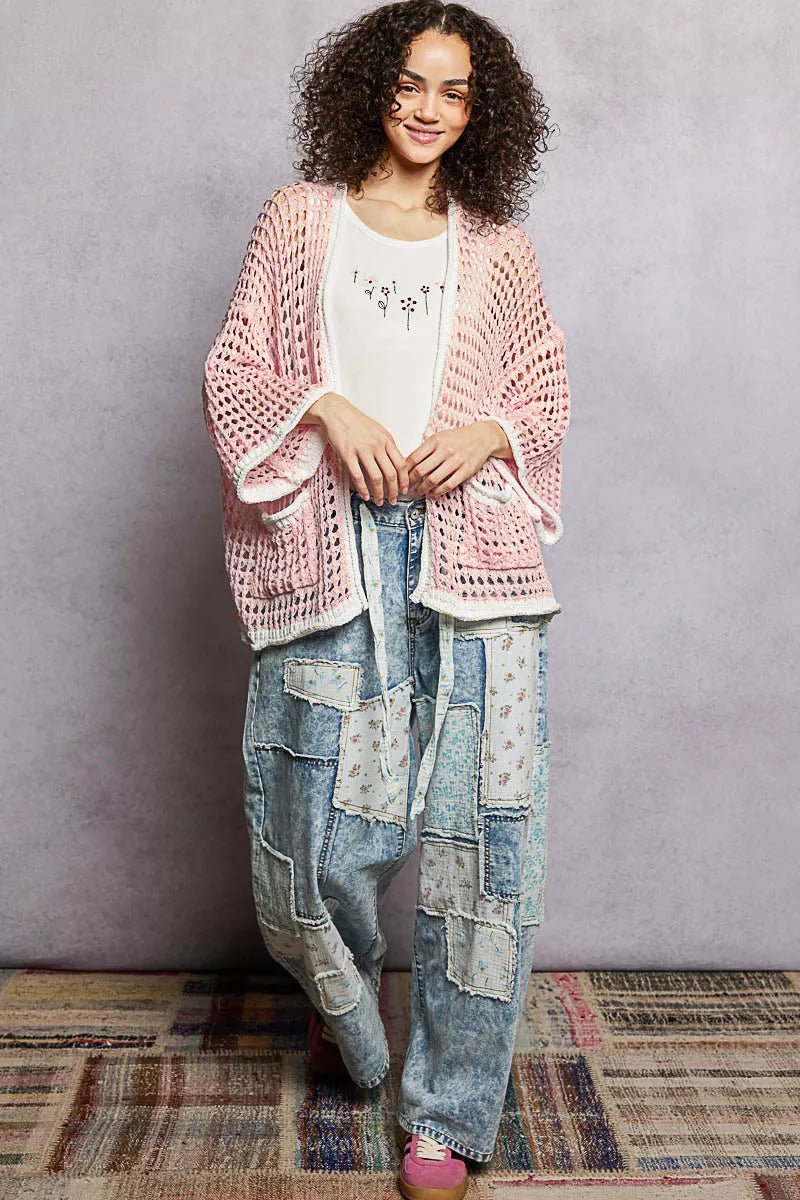 POL Open Front Openwork Cardigan with Contrast Trim - Bitsy Gypsy Boutique