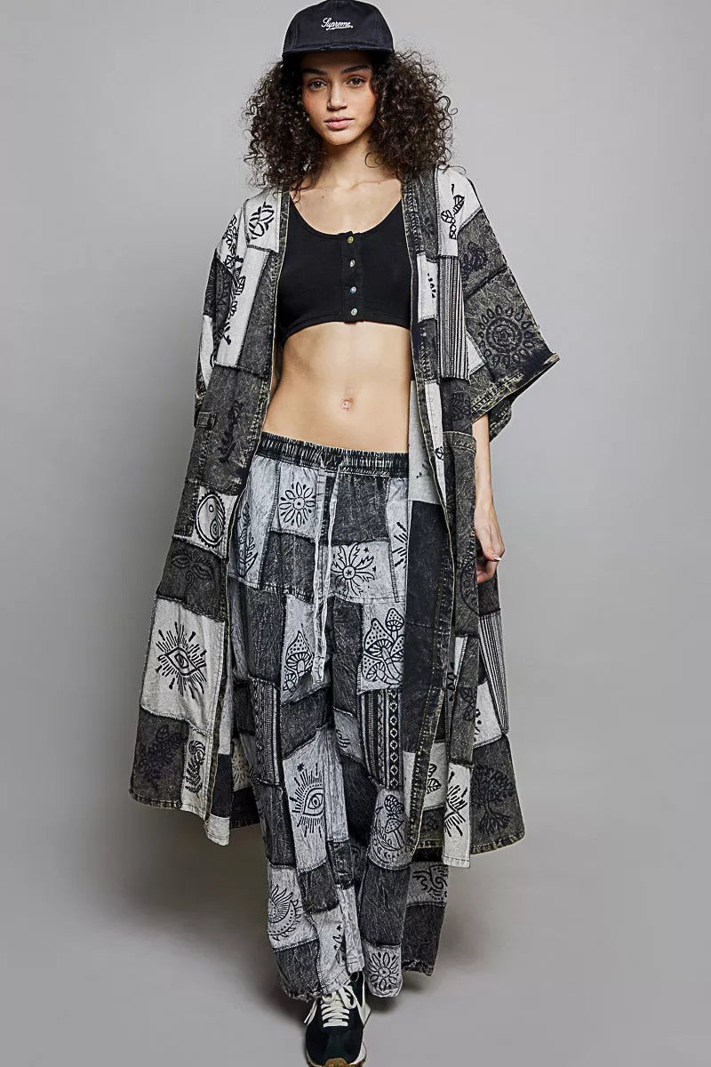POL Open Front Printed Patchwork Longline Cardigan - Bitsy Gypsy Boutique