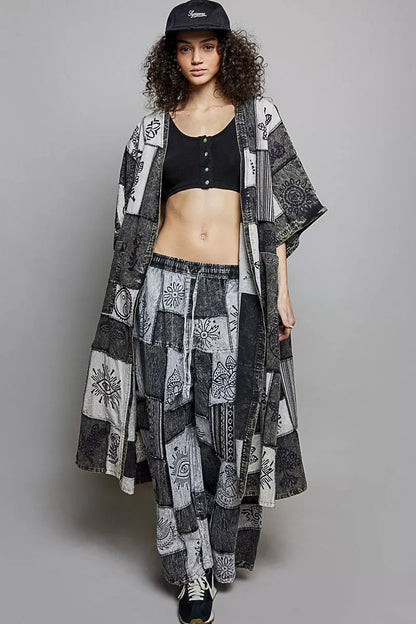 POL Open Front Printed Patchwork Longline Cardigan - Bitsy Gypsy Boutique