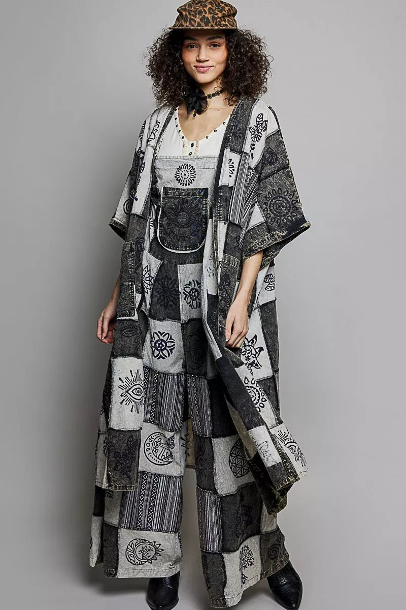 POL Open Front Printed Patchwork Longline Cardigan - Bitsy Gypsy Boutique