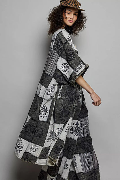 POL Open Front Printed Patchwork Longline Cardigan - Bitsy Gypsy Boutique
